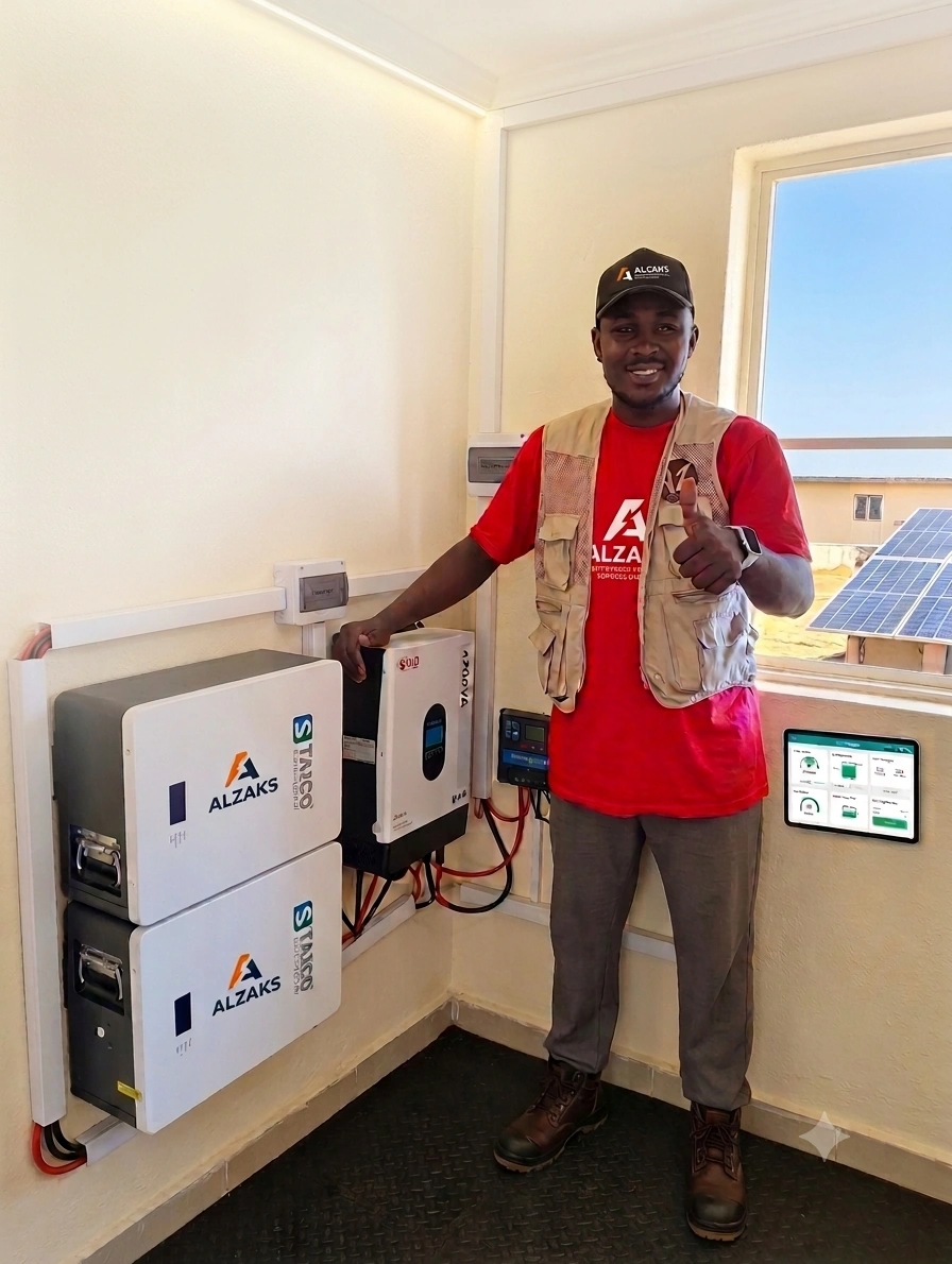 An Alzaks engineer beside a wall-mounted hybrid inverter and lithium battery bank