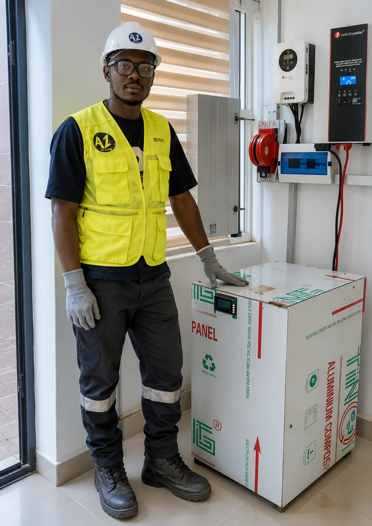 An Alzaks engineer beside a newly installed inverter, charge controller and battery cabinet indoors