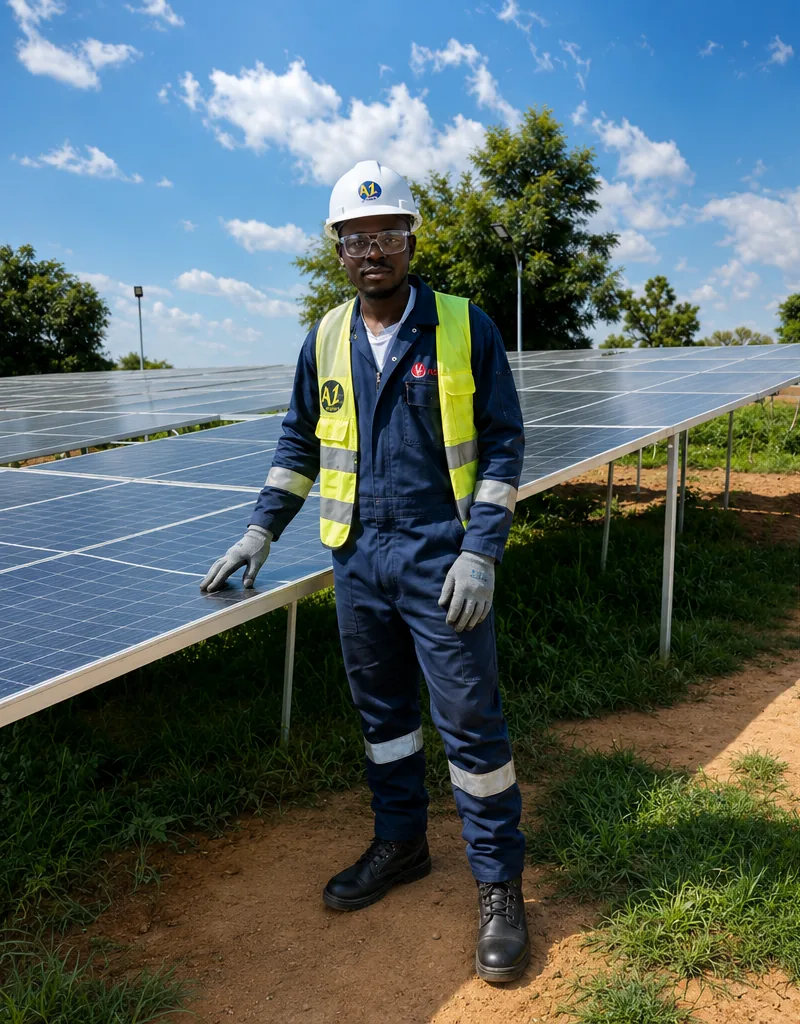 An Alzaks engineer in a hi-vis vest and hard hat beside a ground-mounted solar array under a clear sky