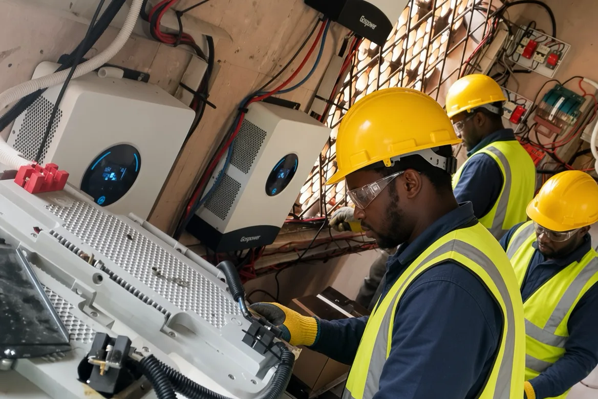 Three Alzaks technicians in hard hats and hi-vis vests working on a wall-mounted bank of hybrid inverters and distribution boards